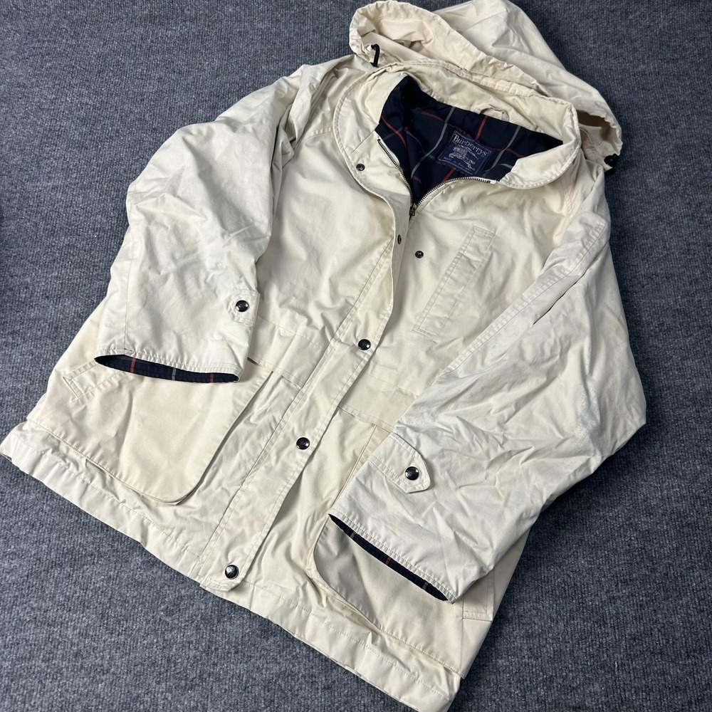 Vintage Burberrys Jacket Mens XL Beige Hooded Parka Plaid Lined Made England